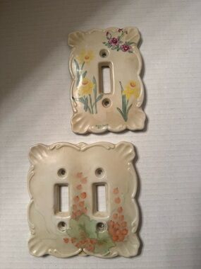 1982 83 Doris Smith Vintage Porcelain Double Switch Plates Hand-painted Flowers